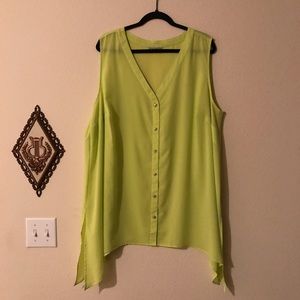 Neon Yellow Button Up Blouse with Angled Hem